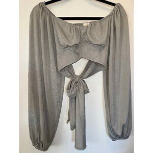 MABLE Women’s Gray Tie‑Front Crop Top Puff Sleeve Style Size S